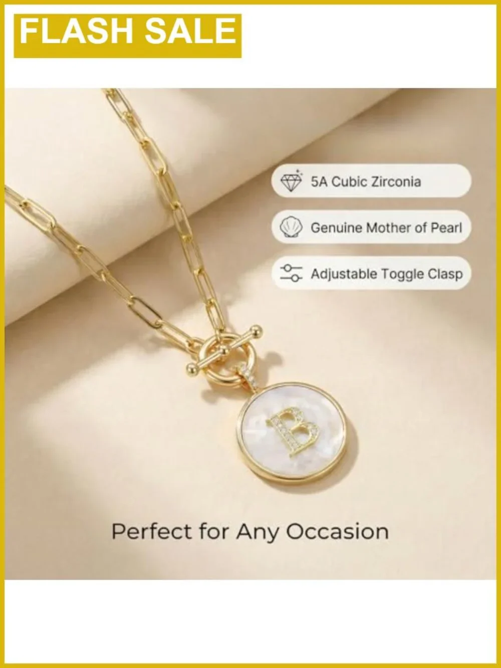 18K Gold Plated Initial Necklace Natural Crushed Mother of Pearl Medallion